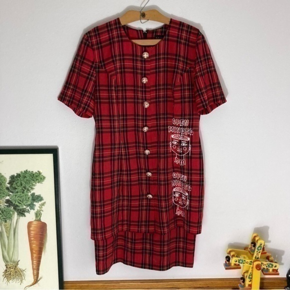 Vintage red plaid Open Minded zombie print dress